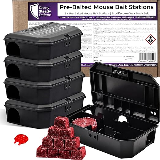 Pre-Baited Mouse Control Boxes (5 x 10g) - Reusable Rodenticide Kit